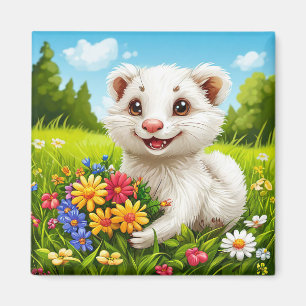 Aimant Furet blanc adorable et cartoonesque