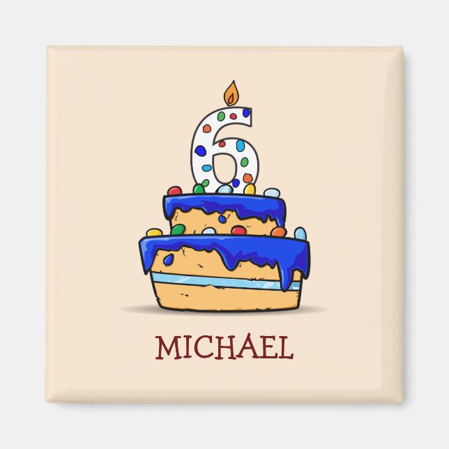 Aimant Garçon 6e anniversaire, 6 sur Gâteau bleu doux (Devant)