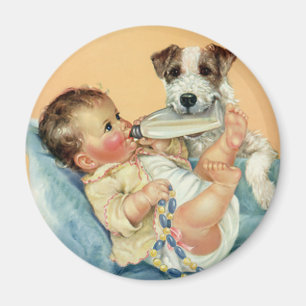 Aimant Garçon mignonne vintage avec bouteille et Chien ch