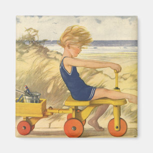 Aimant Garçon vintage Jouer à la plage avec des jouets de