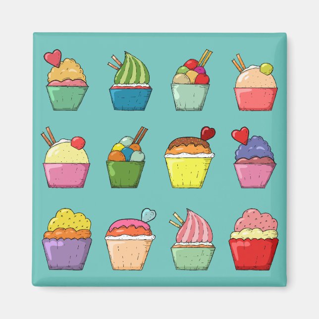 Aimant Gâteaux colorés et crème glacée mignonne Turquoise (Devant)