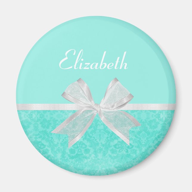 Aimant Girl Aqua Turquoise Damask Ruban blanc avec nom (Devant)