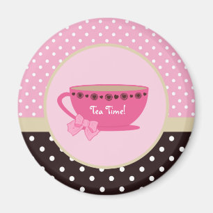 Aimant Girly Tea Time Teacup Pink and Brown Polka Dot Bow