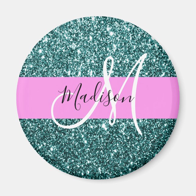Aimant Glam Pink Turquoise Parties scintillant verte Nom  (Devant)