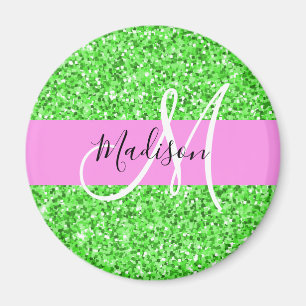 Aimant Glamour Rose et Vert Paillettes Monogramme Nom