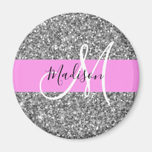 Aimant Glamour Rose & Paillettes Argent Monogramme Nom