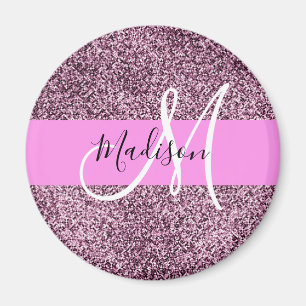 Aimant Glamour Rose & Violet Paillettes Monogramme Nom