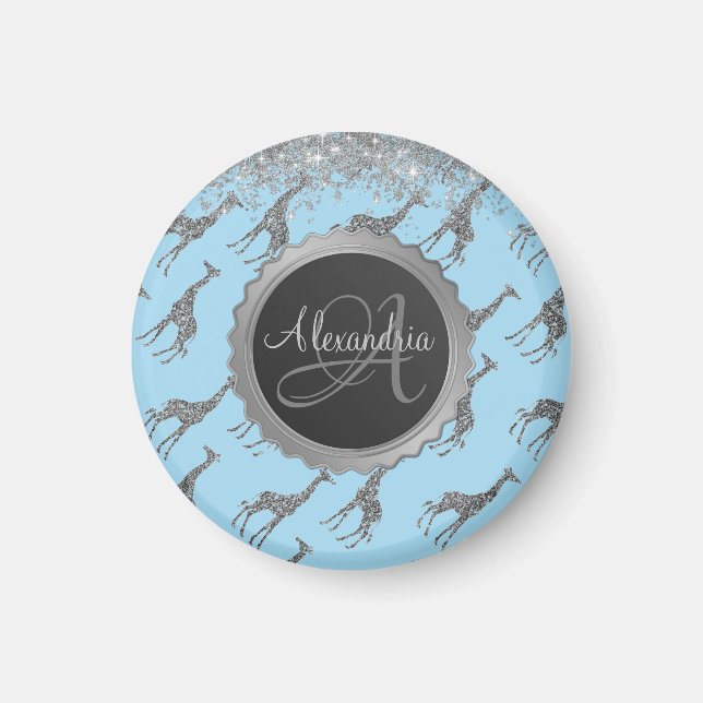 Aimant Glitterie Giraffe Argent sur Dreamy Blue Monogramm (Devant)