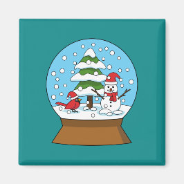 Aimant Globe de neige avec le cardinal Snowman et Pine Tr