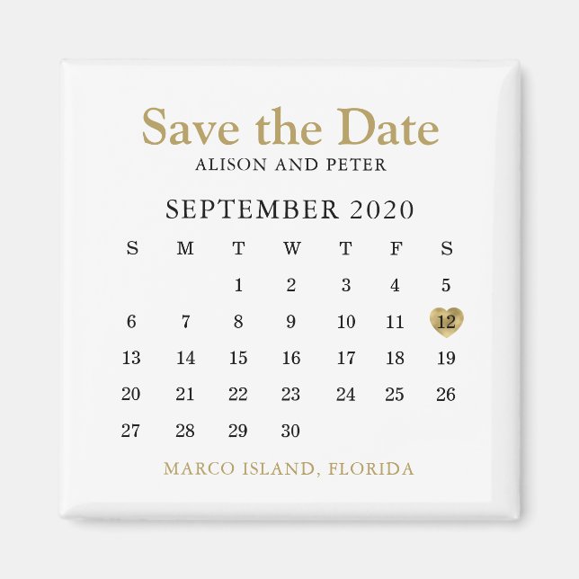 Aimant Gold Heart Calendar Wedding Enregistrer la date (Devant)