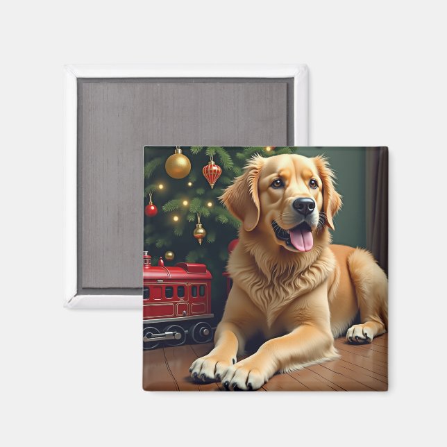 Aimant Golden Retriever by the Toy Train Christmas (Recto/Verso)