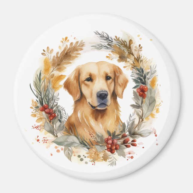 Aimant Golden Retriever Christmas Wreath Festive Pup (Devant)