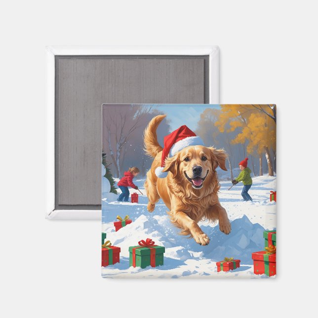 Aimant Golden Retriever en neige avec Casquette de Noël (Recto/Verso)