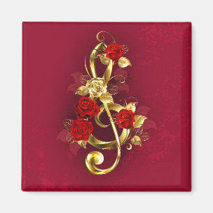 Aimant Golden Treble Clef avec fleurs Roses