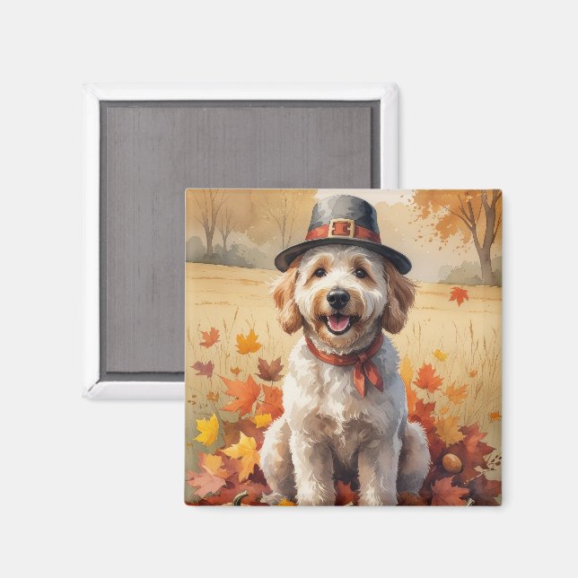 Aimant Goldendoodle À L'Automne Laisse L'Art Thanksgiving (Recto/Verso)