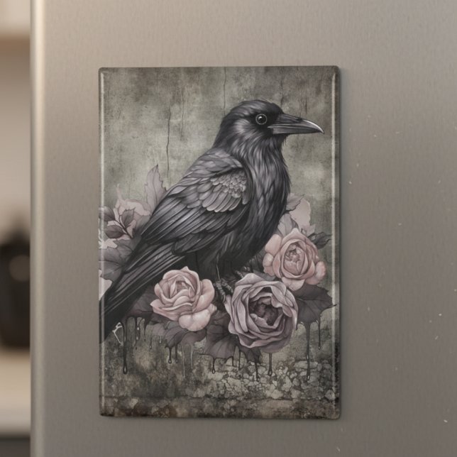 Aimant Gothic Raven with Roses Dark (Dark black raven with roses refrigerator magnet)