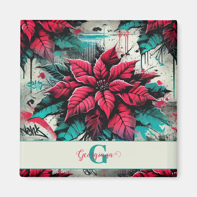 Aimant Graffiti floral personnalisé Grungy Poinsettia (Devant)