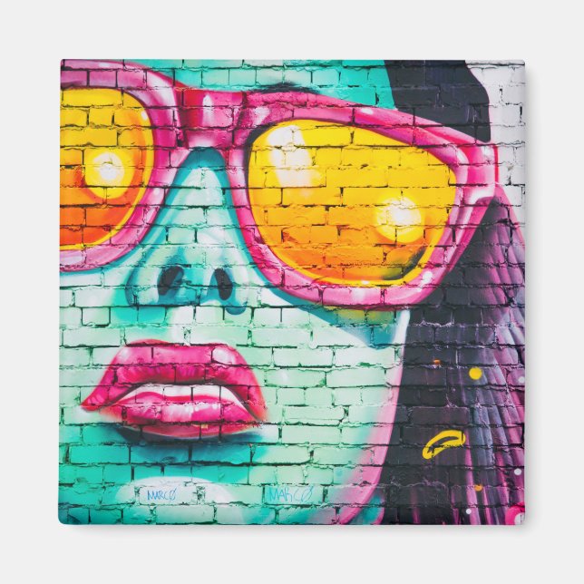 Aimant Graffiti girl street art pop rose turquoise jaune (Devant)