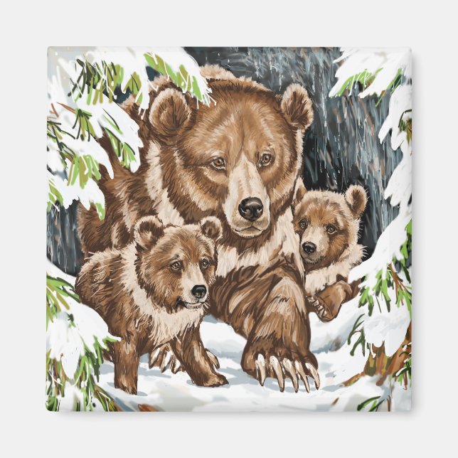 Aimant Grizzly Bear Mère et Cubs en hiver (Devant)