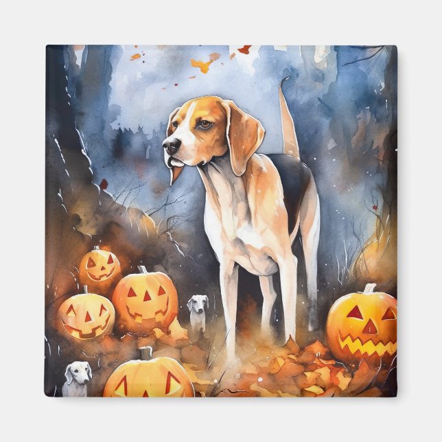 Aimant Halloween Anglais Foxhound Avec Citrouille (Devant)