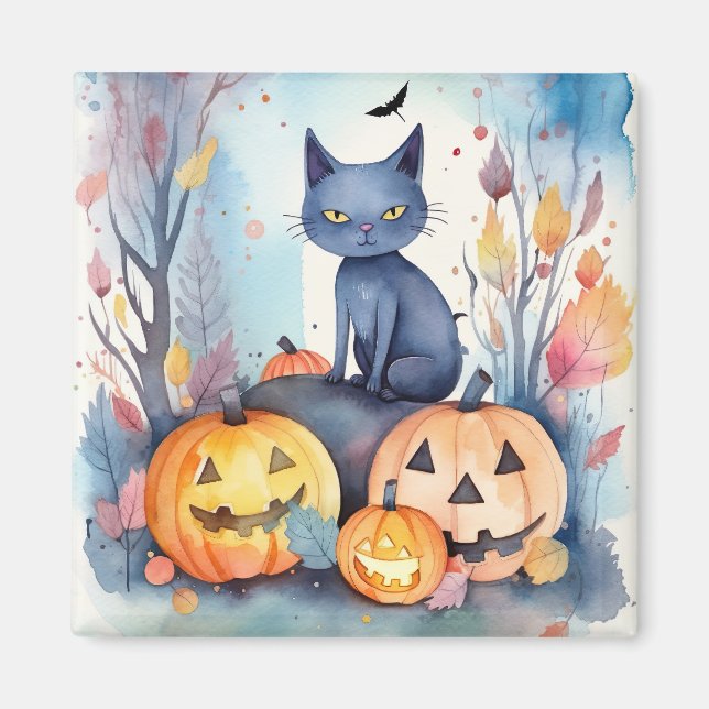 Aimant Halloween Chat Bleu Oriental Avec Peur Citrouille (Devant)