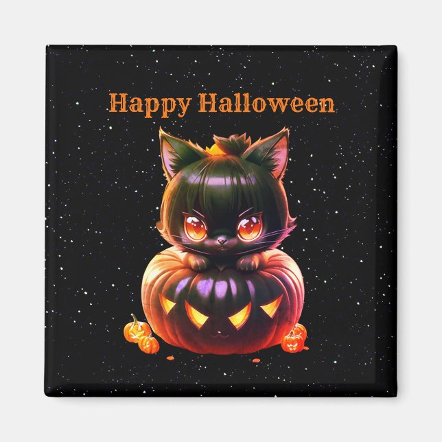 Aimant Halloween Chat noir Citrouille nuit Horreur (Devant)