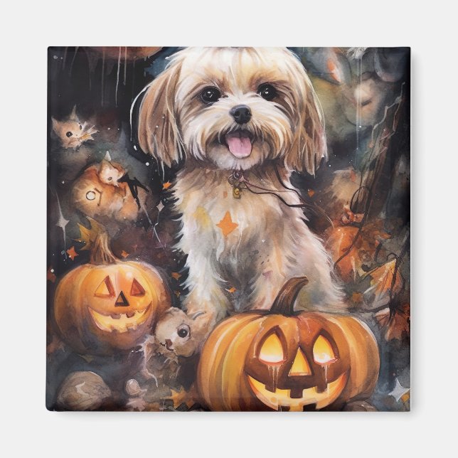 Aimant Halloween Lhassa Apso Avec Peur Citrouille (Devant)