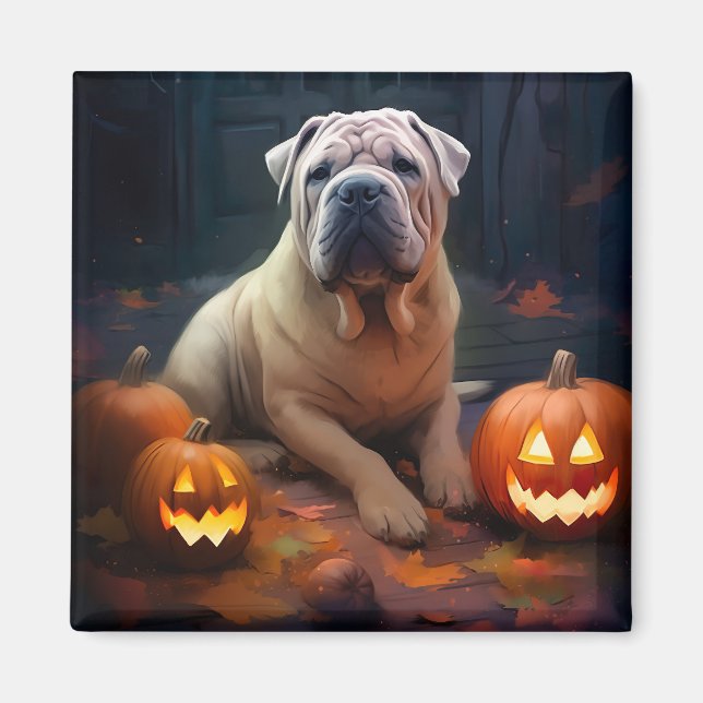 Aimant Halloween Shar Pei Avec La Peur Citrouille (Devant)