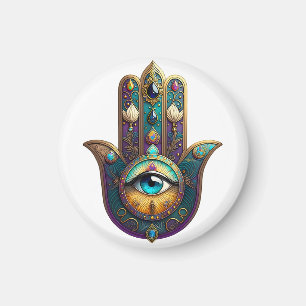 Aimant Hamsa Violet Turquoise avec Troisième Œil Turquois