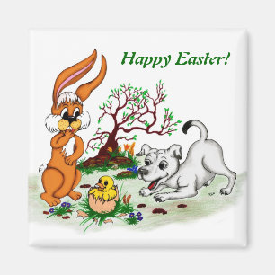 Aimant Happy Easter ! chiot, poussins, lièvre