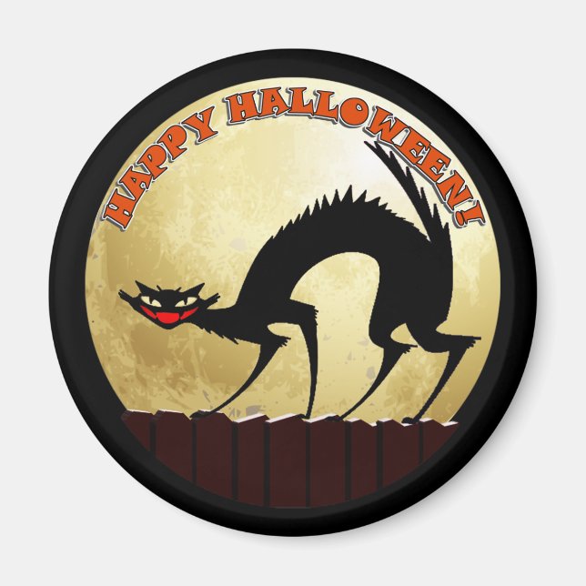 Aimant Happy Halloween Chat noir avec Pleine lune (Devant)