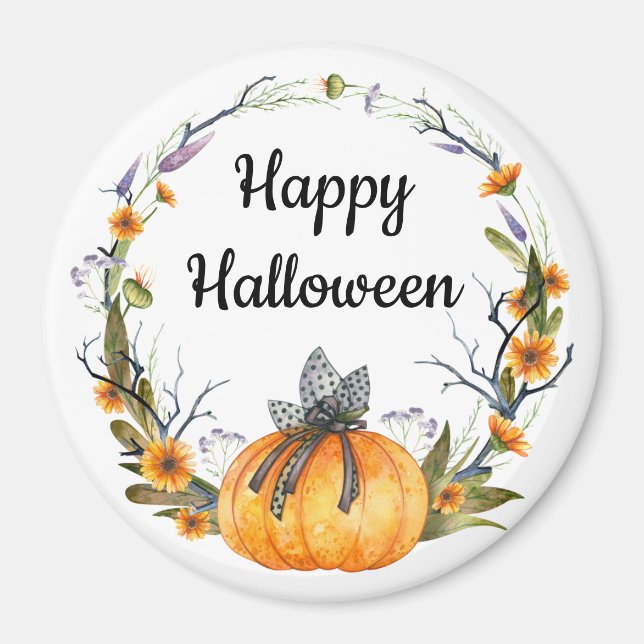 Aimant Happy Halloween Watercolor Citrouille Wreath (Devant)