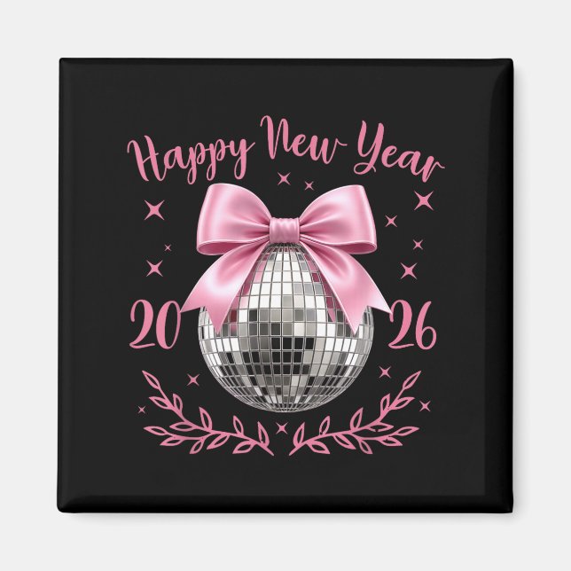 Aimant Happy New Year 2026 Coquette Nk Bow Disco Ball Wom (Devant)