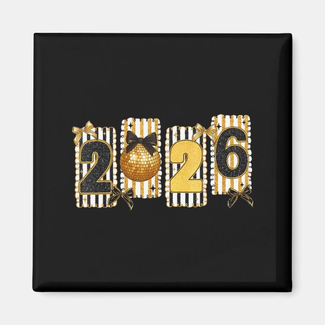 Aimant Happy New Year 2026 Disco Ball Gold Coquette Bow F (Devant)