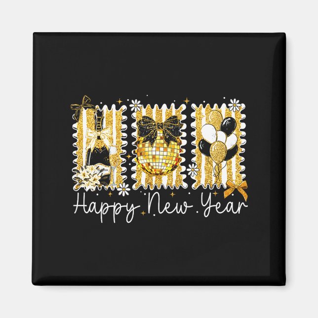 Aimant Happy New Year 2026 Gold Coquette Bow Disco Ball C (Devant)