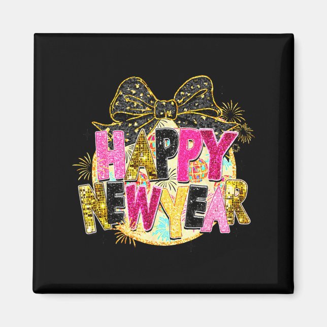 Aimant Happy New Year Disco Ball Coquette Bow New Years E (Devant)
