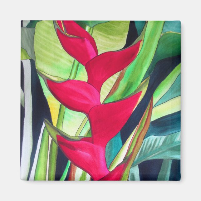 Aimant Heliconia Lobster Claw fleur d'aquarelle tropicale (Devant)
