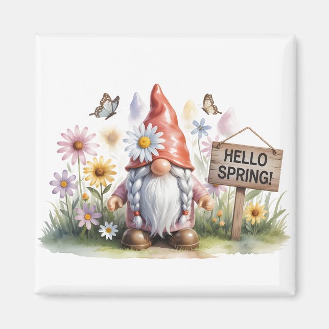 Aimant Hello Spring Garden Gnome: Cute Gnome with Braids (Devant)