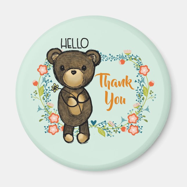 Aimant Hello Teddy Bear avec Merci aux fleurs (Devant)