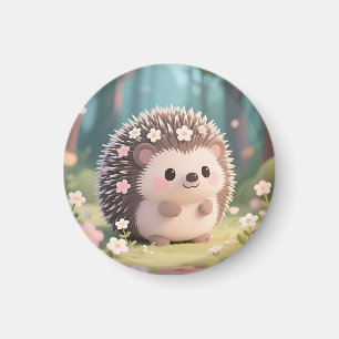 Aimant Hérisson Adorable avec Fleurs Forêt Kawaii