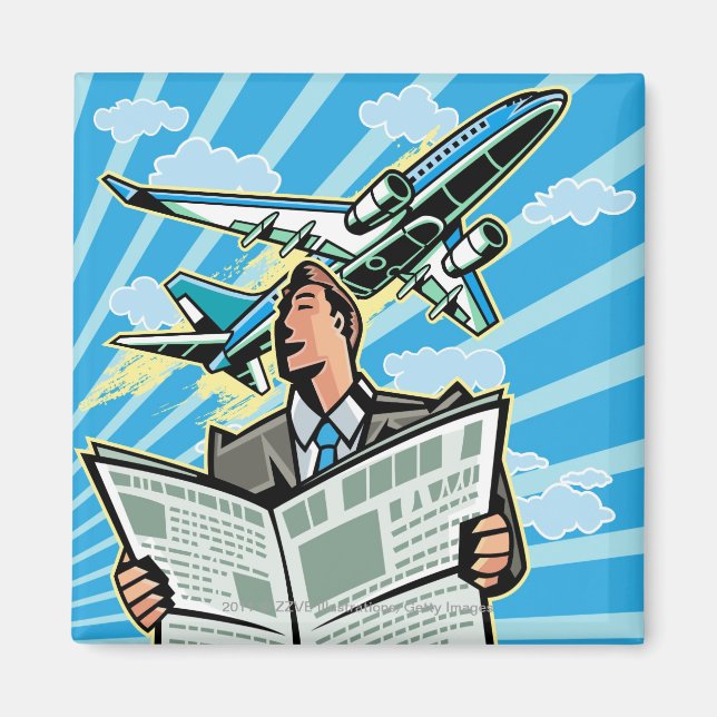 Aimant Homme d'affaires avec journal et avion ci-dessus (Devant)