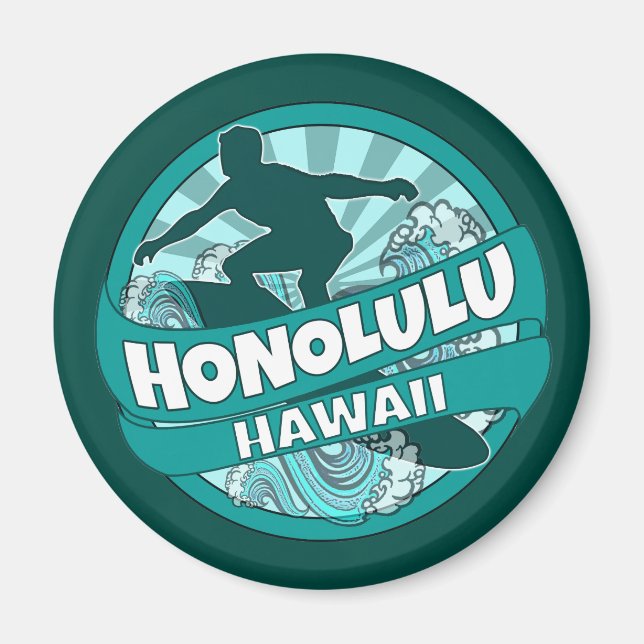 Aimant Honolulu Hawaii logo turquoise surfer (Devant)