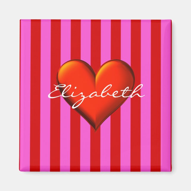 Aimant Hot Pink, Red Stripes, Red Metallic Heart Monogram (Devant)