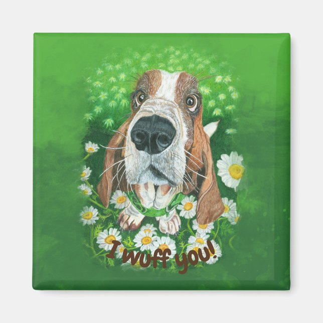 Aimant Hound adorable dans les marguerites - Je vous chas (Devant)