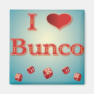 Aimant I Love Bunco en rouge avec des dés rouges