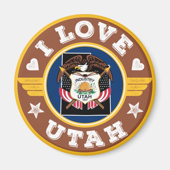 Aimant I Love Utah State Flag and Map (Devant)
