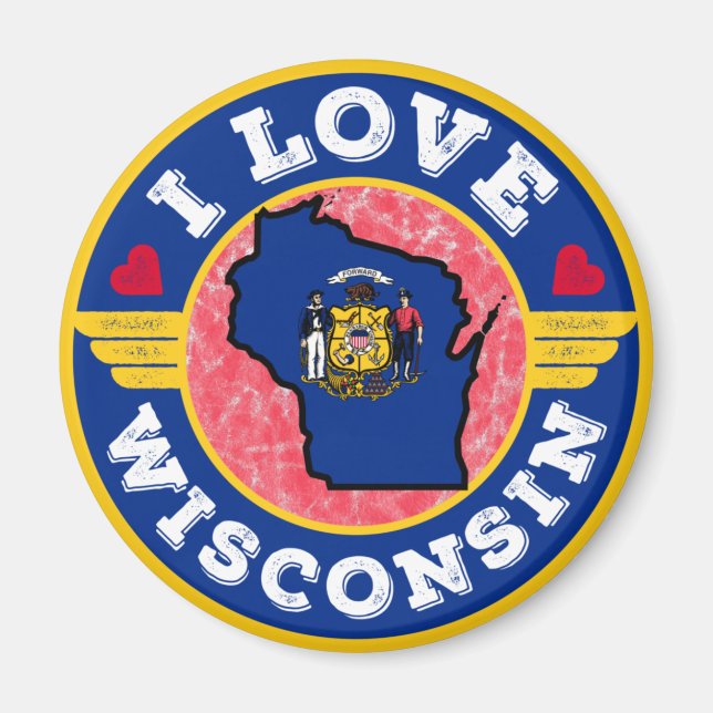 Aimant I Love Wisconsin State Map and Flag (Devant)