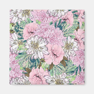 Aimant Illustration florale rose et blanche de mignonne f