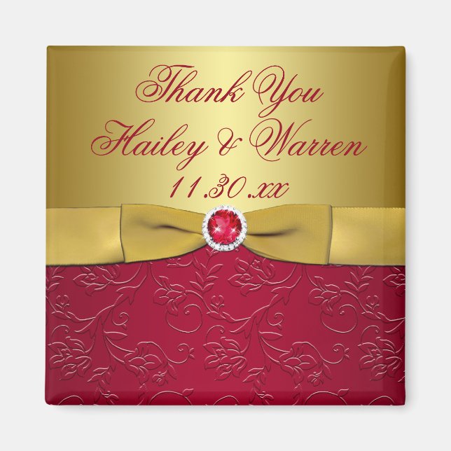 Aimant IMPRIMÉ RIBBON Rouge, Gold Floral Wedding Favorise (Devant)