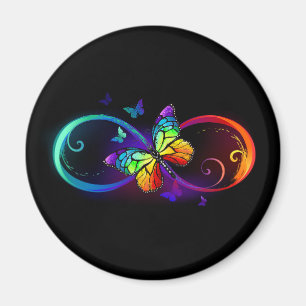 Aimant Infini vibrant avec papillon arc-en-ciel sur noir